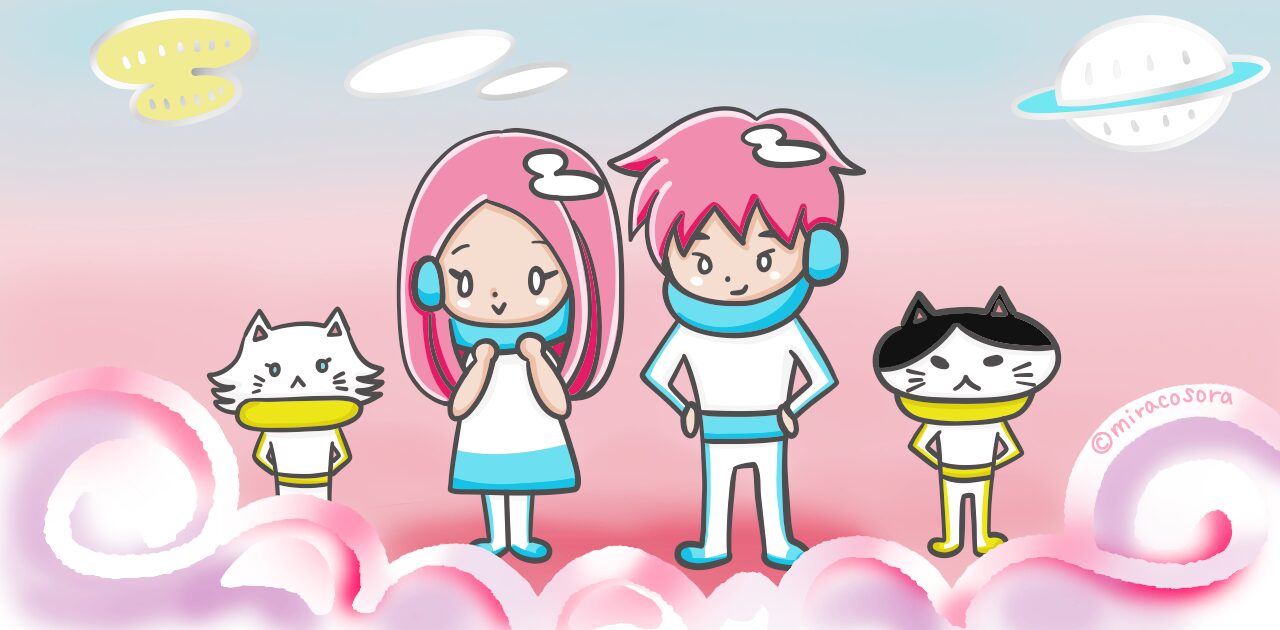 男女と猫方宇宙人のイラスト