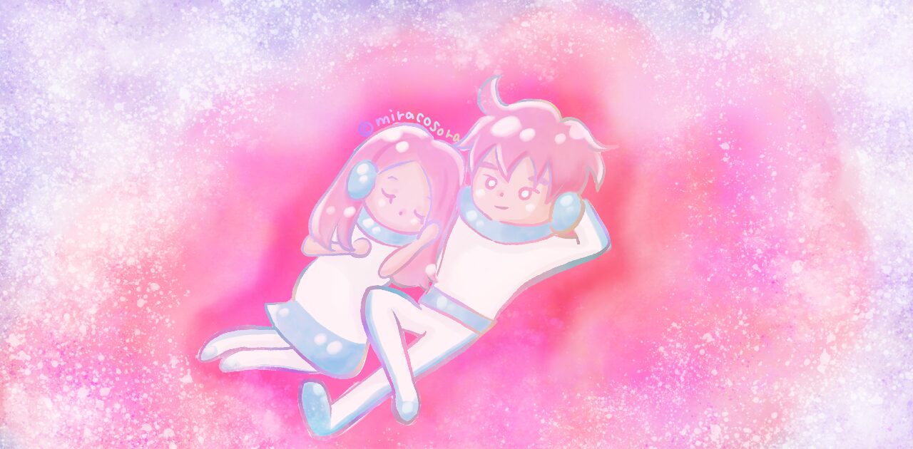 ピンク色の雲の上で寝てる男女のイラスト